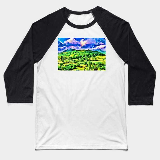 Kackar Mountains Green Aesthetic Modern Impressionist Landscape Baseball T-Shirt by BubbleMench